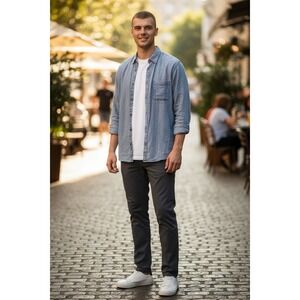 MARTIN GORDON LS Button Front‎ Shirt Pocket-100% Linen Pale Blue XL CLEAN